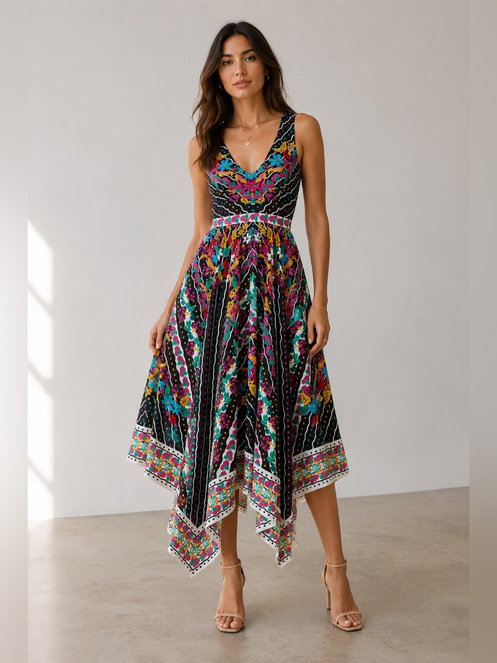 Saloni Zuri Silk Floral Handkerchief Asymmetric VNeck Sleeveless Midi Dress 2